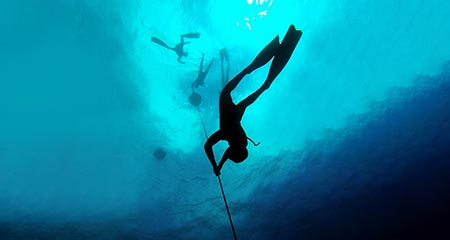 Silhouette of freediveres under the water