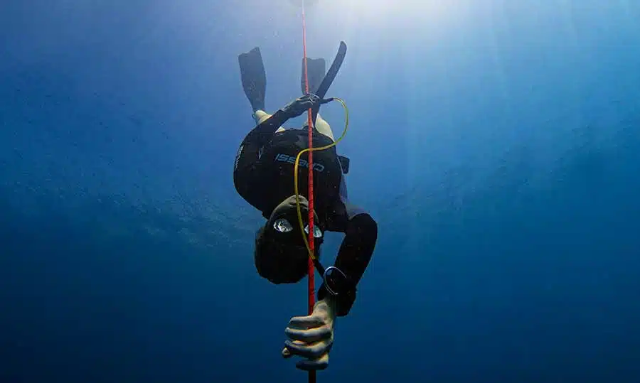 Advanced Freediver in Gozo in a black open cell wetsuit descending with the lanyard to the depths