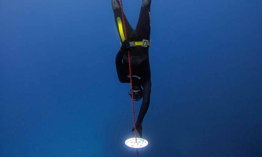 Freediver in a black wetsuit and with a yellow freediving weightbelt touching the bottom plate
