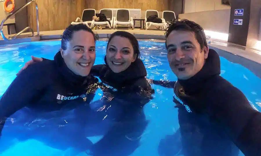 freedivers in the pool after finishing a static apnea course in Malta