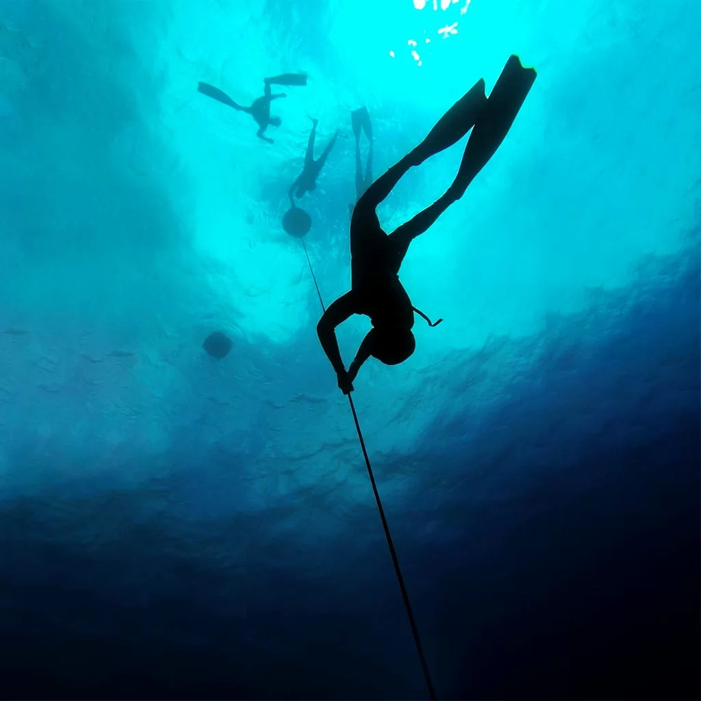 Freediving Malta silhouette of a freediver in Gozo descending the line and more freedivers looking from the surface